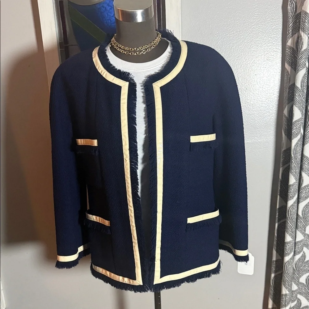 Vintage CHANEL Navy Tweed Fringed Jacket with Cream Vinyl Trim SZ40